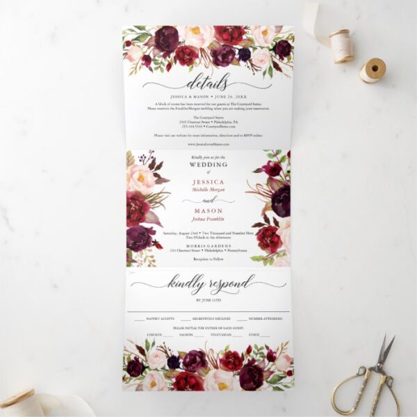Marsala Burgundy Wedding Tri-Fold Invitations