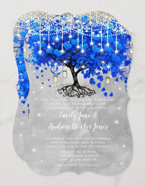 Mason Jar Blue Heart Leaf Tree Gray Watercolor Invitation