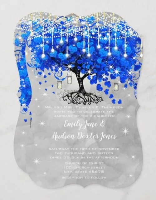 Mason Jar Blue Heart Leaf Tree Gray Watercolor Invitation