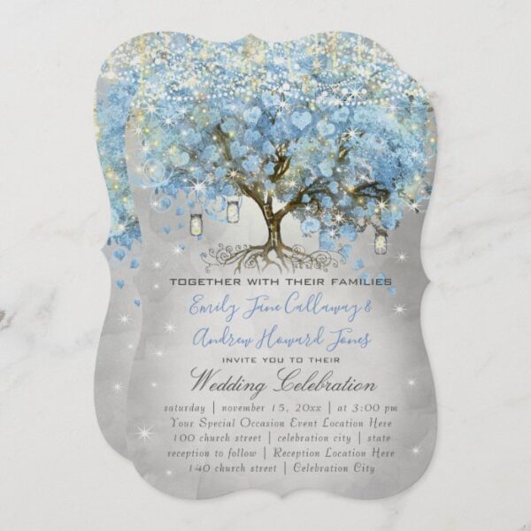Mason Jar Blue Silver Heart Leaf Tree Fairy Lights Invitation