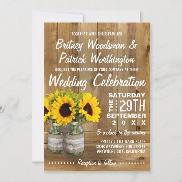 Mason Jar Burlap Sunflower Wedding Invitations