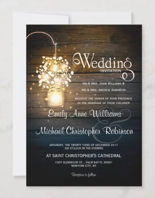Mason Jar glowing Lights floral rustic wedding Invitation