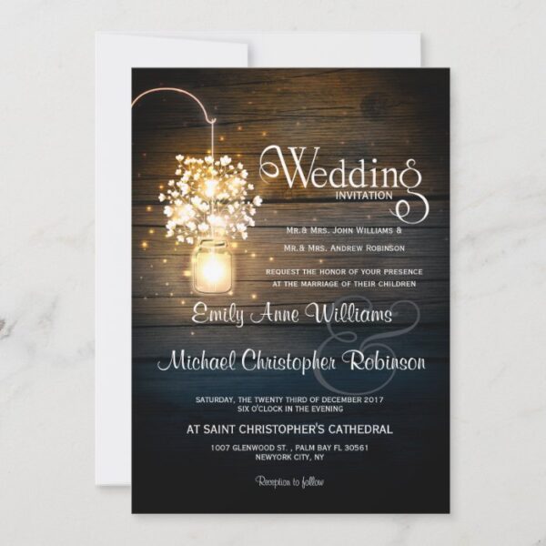 Mason Jar glowing Lights floral rustic wedding Invitation
