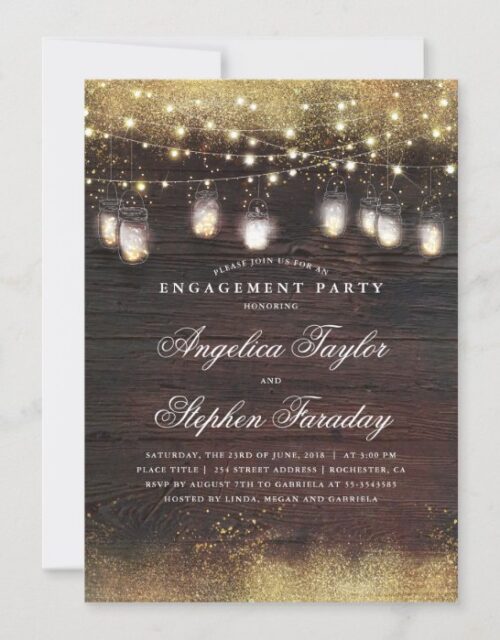 Mason Jar Lights Rustic Wood Engagement Party Invitation