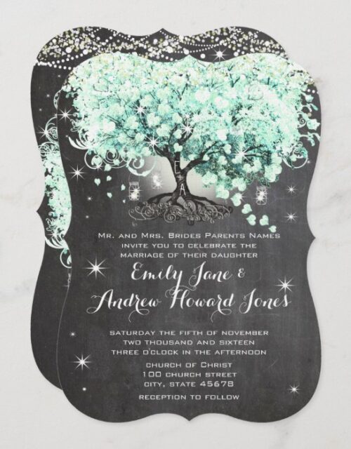 Mason Jar Mint Chalkboard Heart Leaf Tree Invitation
