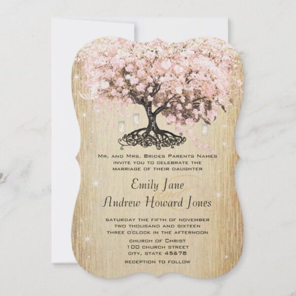 Mason Jar Pink Rose Gold Heart Leaf Tree Invitation