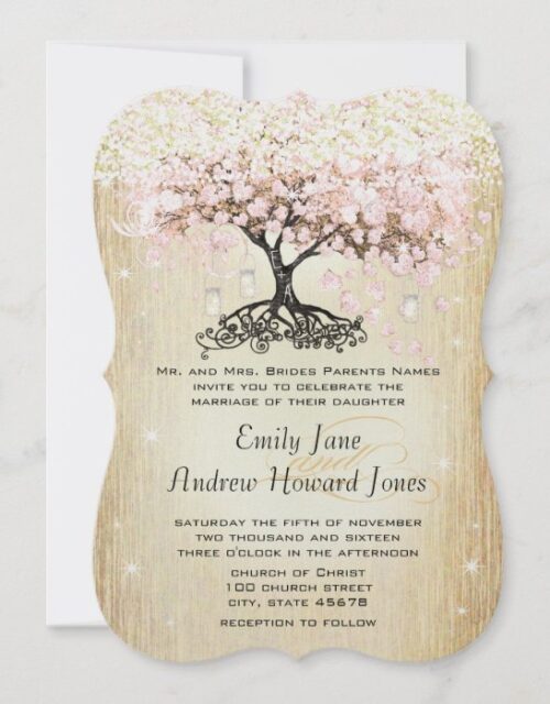 Mason Jar Pink Rose Gold Heart Leaf Tree Invitation