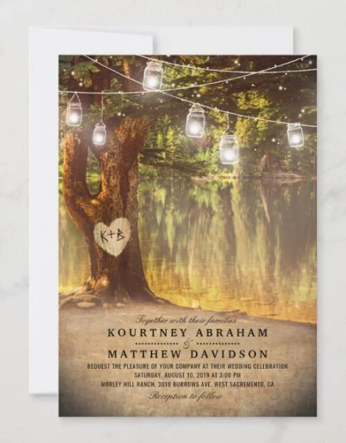 Mason Jars Rustic Tree Lake Twinkle Lights Wedding Invitation