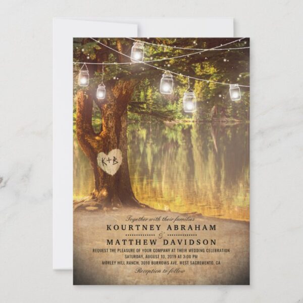 Mason Jars Rustic Tree Lake Twinkle Lights Wedding Invitation