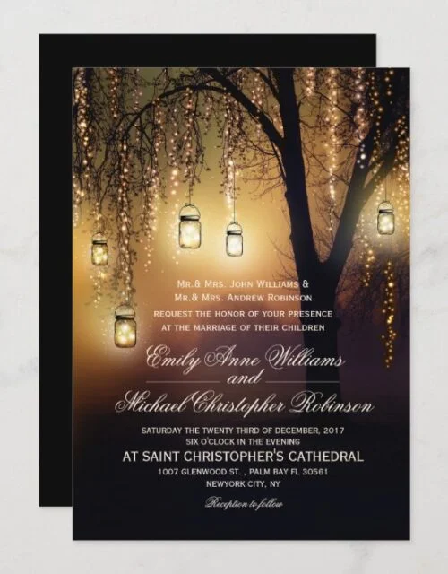 Mason Jars String Lights Elegant Rustic Wedding Invitation