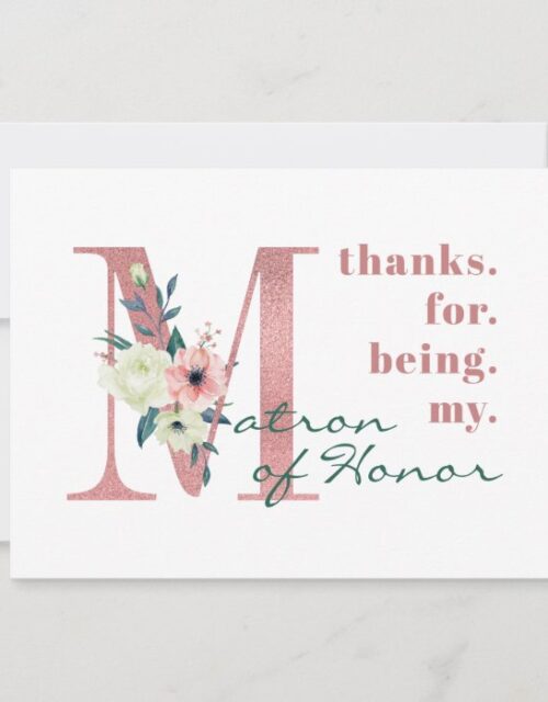 Matron of Honor Pink Floral Letter Wedding Thank You Card