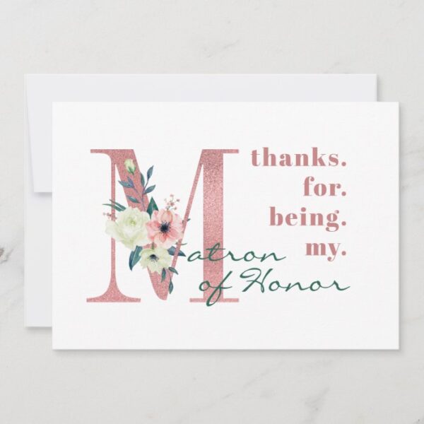 Matron of Honor Pink Floral Letter Wedding Thank You Card