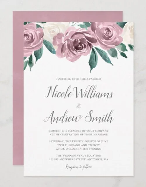Mauve Watercolor Roses Floral Wedding Invitations