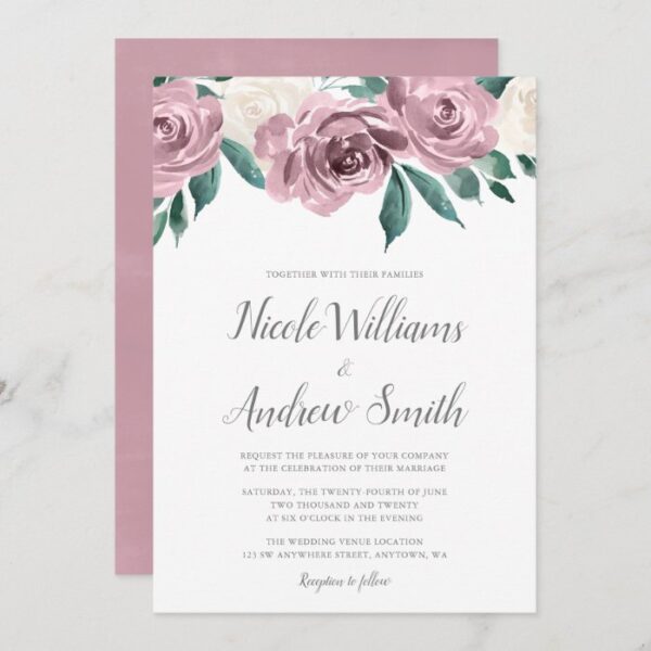 Mauve Watercolor Roses Floral Wedding Invitations