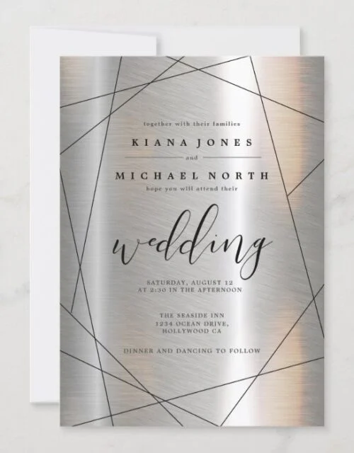 Metallic Geometric Wedding Silver/Black ID648 Invitation