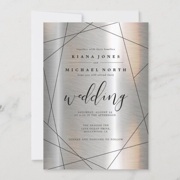 Metallic Geometric Wedding Silver/Black ID648 Invitation