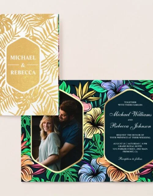 Midnight Blue Gold Foil Tropical Wedding Invite