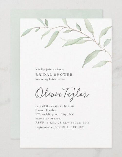Minimal greenery calligraphy rustic bridal shower invitation