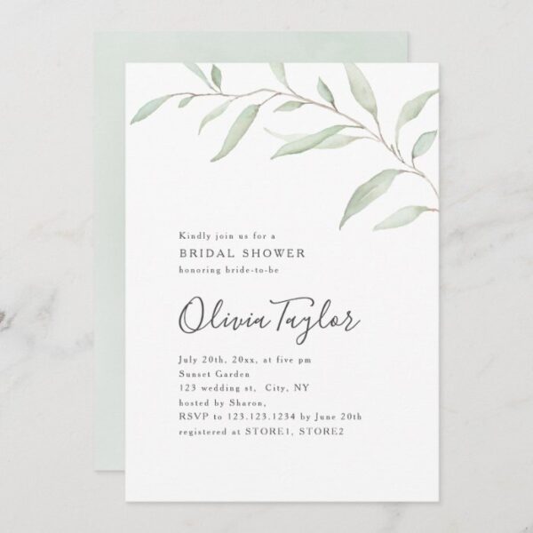 Minimal greenery calligraphy rustic bridal shower invitation