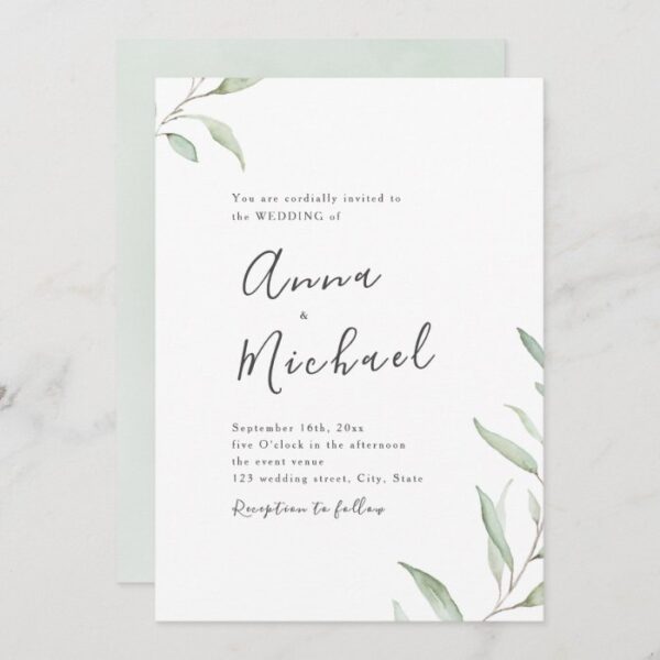 Minimal greenery calligraphy rustic wedding invitation