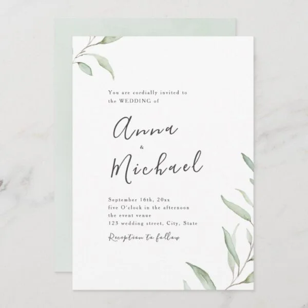 Minimal greenery calligraphy rustic wedding invitation