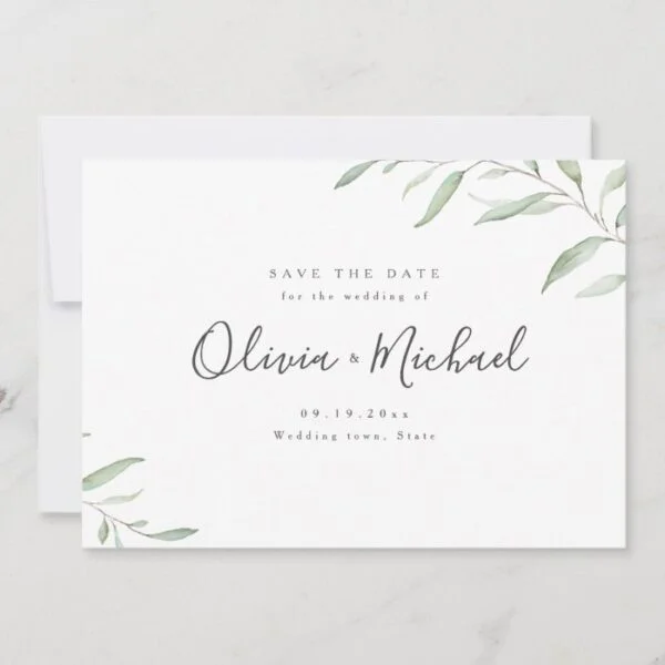 Minimal greenery simple calligraphy save the date