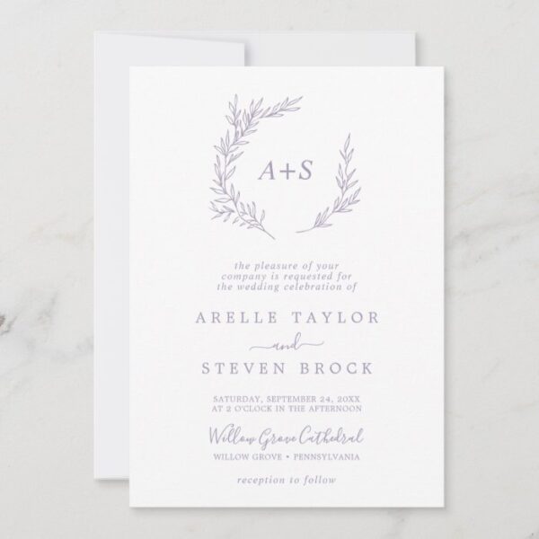 Minimal Leaf | Dusty Purple Monogram Wedding Invitation