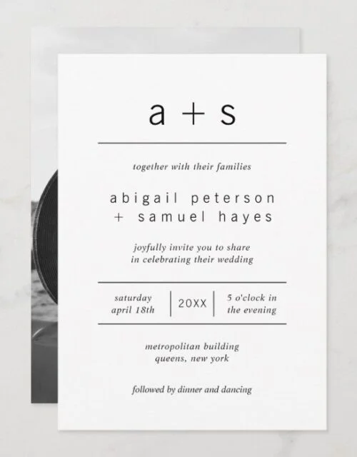 Minimalist Black and White Monogram Photo Wedding Invitation