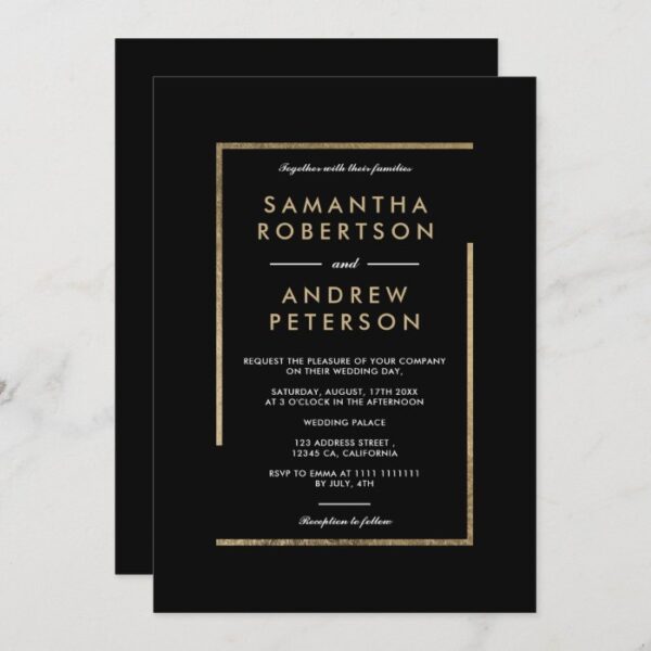 Minimalist black white gold chic elegant wedding invitation