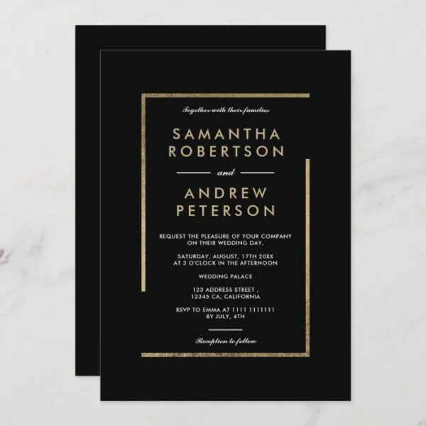 Minimalist black white gold chic elegant wedding invitation