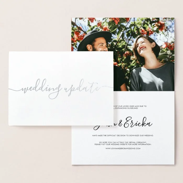 Minimalist Script Calligraphy Photo Wedding Update Foil Card