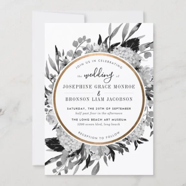 Modern Black and White Watercolor Floral Frame Invitation