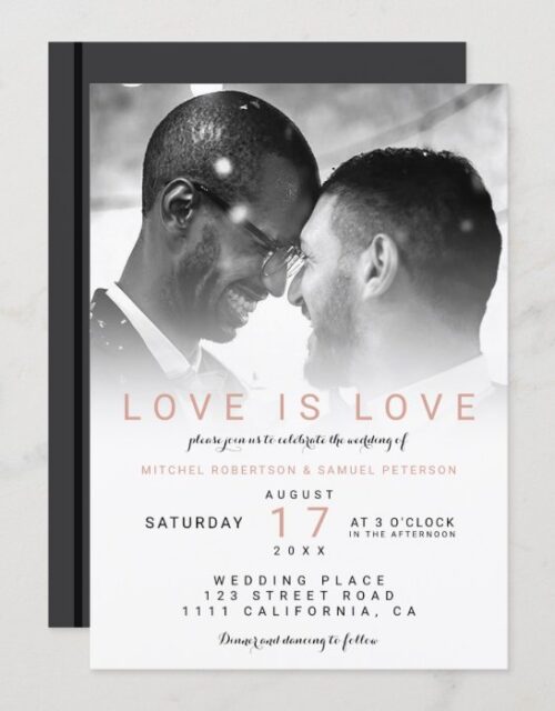 Modern black white ombre photo gay wedding invitation