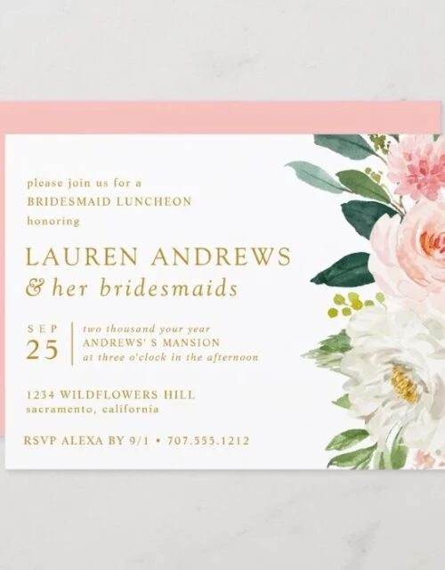 Modern Blush Chic Floral Gold Bridesmaid Luncheon Invitation