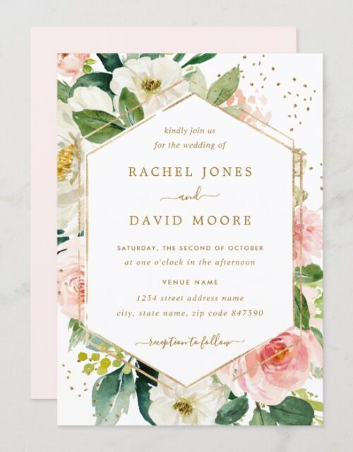 Modern Blush Gold Floral Watercolor Wedding Invite