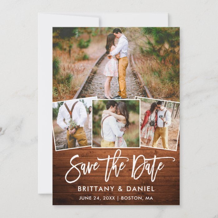 Modern Brush Script Rustic Wood 4 Photo Couple Save The Date