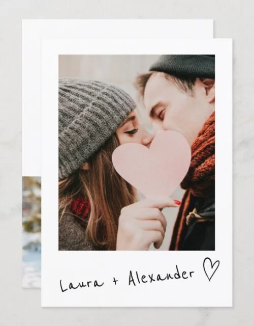 Modern cool casual script heart 2 photos wedding invitation
