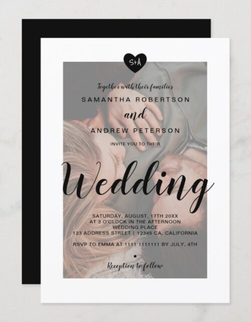 Modern elegant black white overlay photo wedding invitation