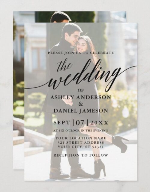 Modern Elegant Calligraphy Photo Overlay Wedding Invitation