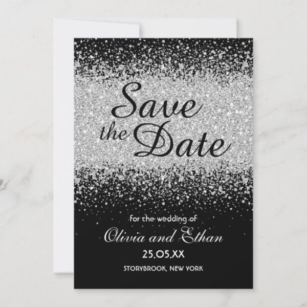 Modern Elegant Silver Glitter on Black Save The Date