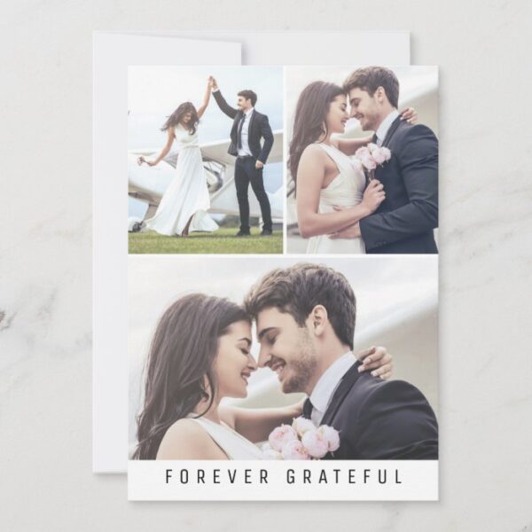 Modern Forever Grateful 3 Photo Wedding Thank You Card