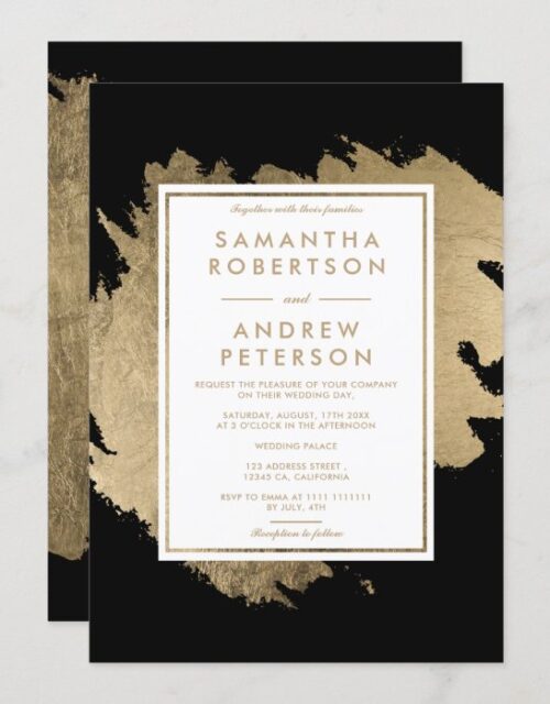 Modern gold brushstrokes black white chic wedding invitation