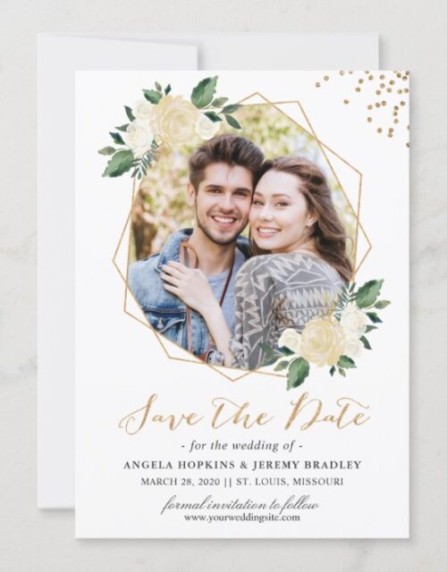Modern Gold Ivory Green Floral Photo Save the Date