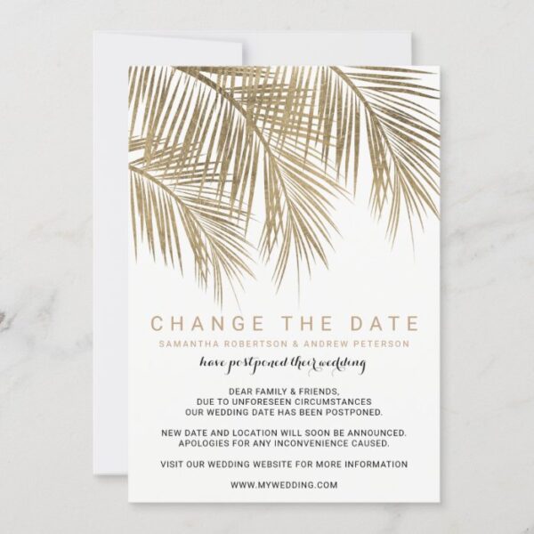 Modern gold palm tree elegant change the date save the date
