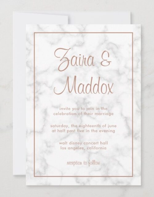 Modern Gray Marble with Rose Gold Script Wedding Invitation