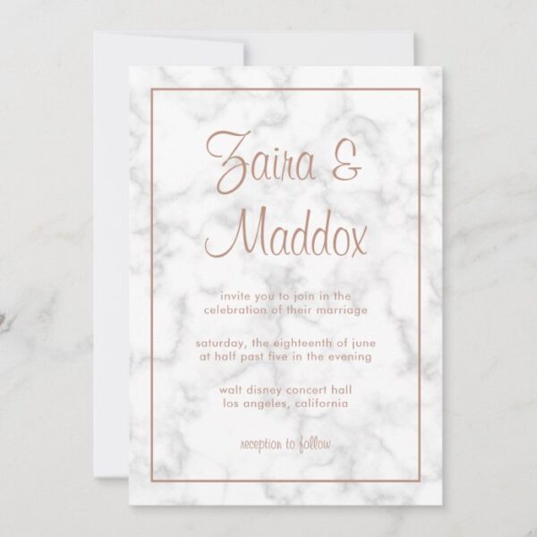 Modern Gray Marble with Rose Gold Script Wedding Invitation