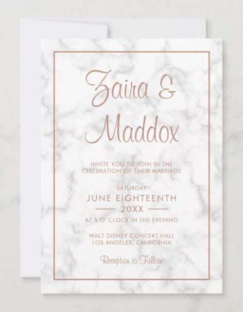 Modern Marble Rose Gold Script Wedding Invitation