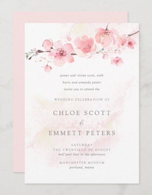 Modern Minimalist Pink Cherry Blossom Wedding Invitation