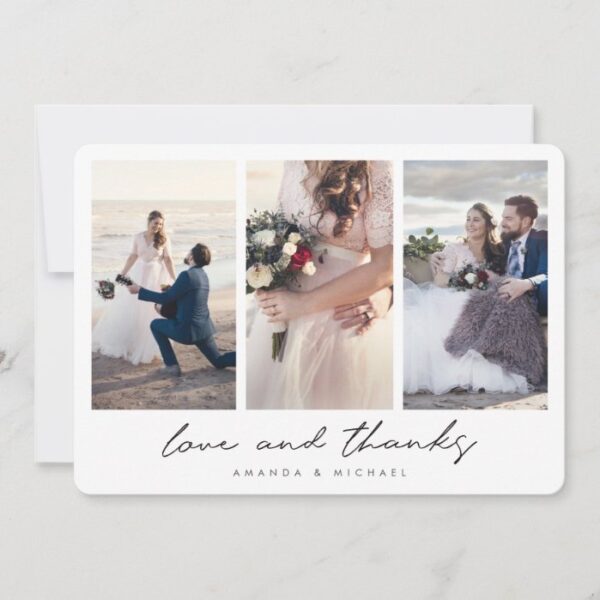 Modern Multi Photo Collage Love and Thanks Wedding Thank You Card