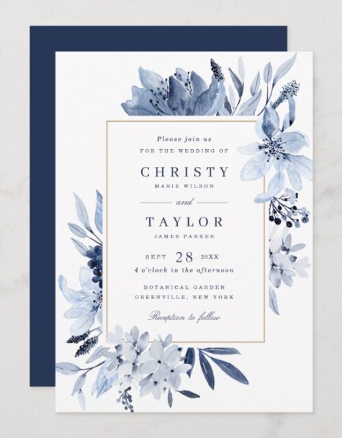 Modern Navy Blue Watercolor Floral Wedding Invitation